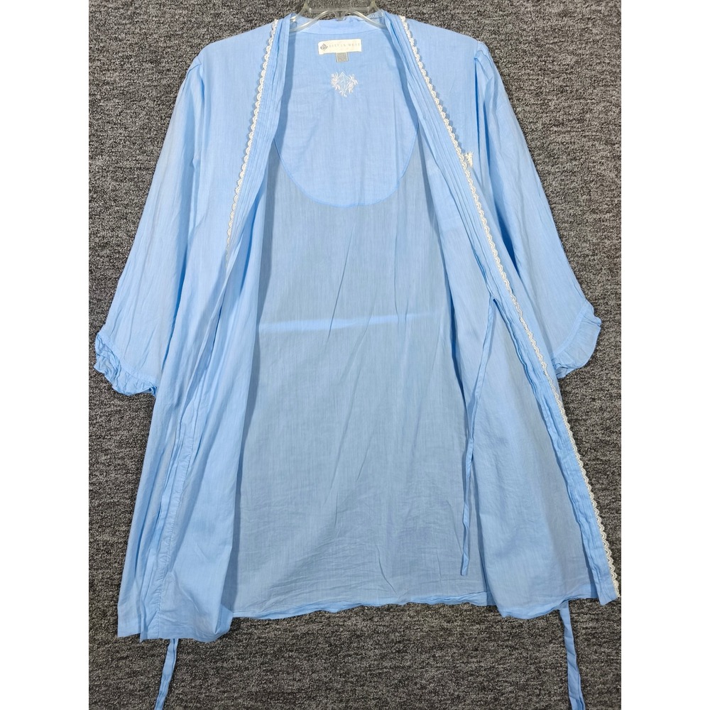 Eileen West Womens Blue Cotton Lawn Lace Trim Belted Robe L/XL Loungewear - Picture 3 of 10